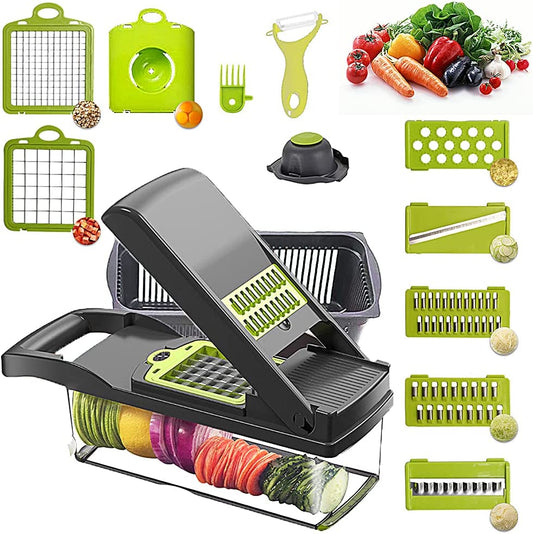 12-in-1 Vegetable Chopper & Mandoline Slicer – Multi-Function Food Cutter, Grater & Onion Chopper (Gray)
