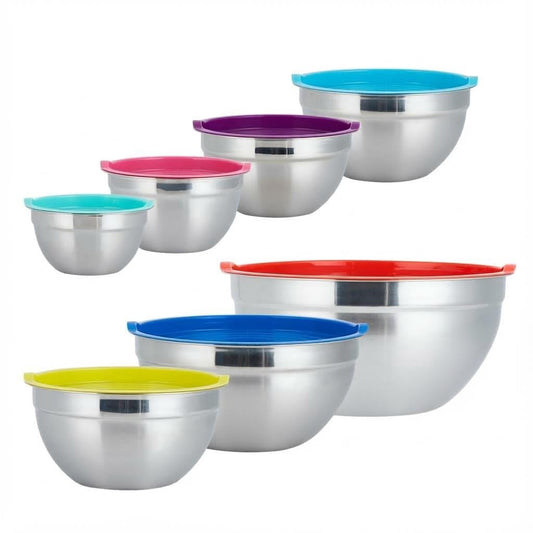 7-Piece Stainless Steel Nesting Mixing Bowl Set with Airtight Lids for Efficient Cooking, Baking, and Food Storage