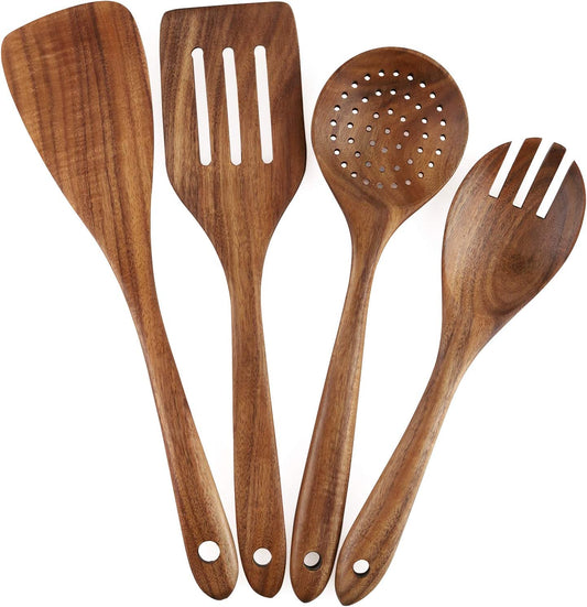 4-Piece Teak Wood Cooking Utensil Set – Nonstick Safe Wooden Kitchen Tools with Spatulas, Spoon & Salad Fork